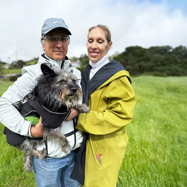 Two people standing in a grassy field holding their dog which is wearing a black modular raincoat with a green removable belly wrap