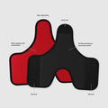 Front and back of a red removable belly wrap overlapped; callouts label red fabric face, black fleece back, three black hook-and-loop attachment areas, and black edge binding.
