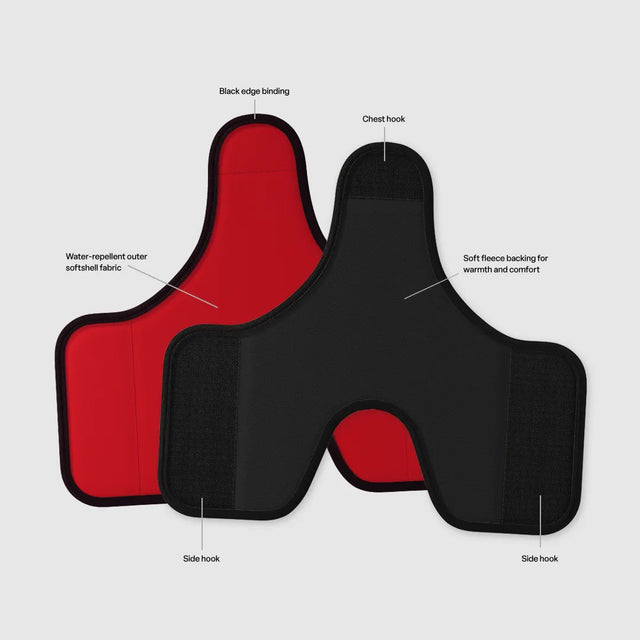 Front and back of a red removable belly wrap overlapped; callouts label red fabric face, black fleece back, three black hook-and-loop attachment areas, and black edge binding.