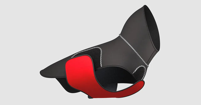 3D still image of a black modular raincoat with a red removable belly wrap, illustrating how it attaches.