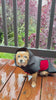 video showing a small dog wearing a two-part raincoat, sitting on wet porch. The raincoat is removed and the red belly wrap is rinsed clean separately under a faucet.